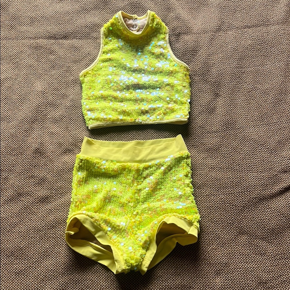 Balera Dancewear | Yellow Sequin Crop Top and Shorts Set, (Large Child size)